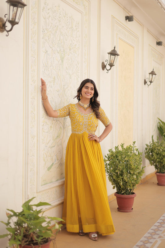 Yellow Coloured Faux Blooming with Thread & Sequence Embroidery Work Women Designer Party wear Long Gown!!