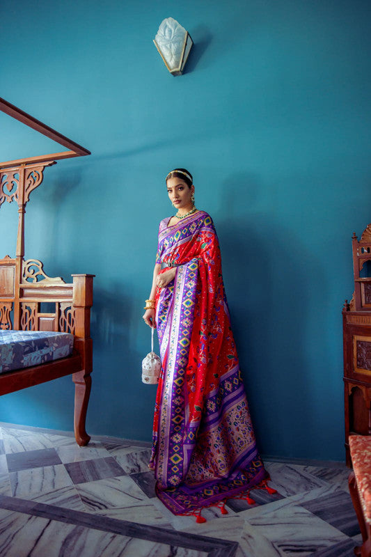 Red with Purple & Multi Coloured Banarasi Silk Paithani Patola Meenakari Work Women Ethnic wear Soft Silk Saree with Contrast Brocade Blouse!!