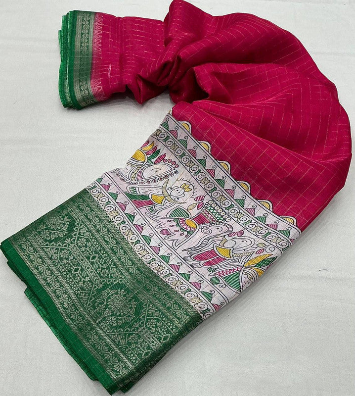 Rani Pink Coloured Soft Cotton with Madhubani Chex & Jacquard Border Women Party/Festival wear Soft Cotton Saree with Kalamkari Print Blouse!!