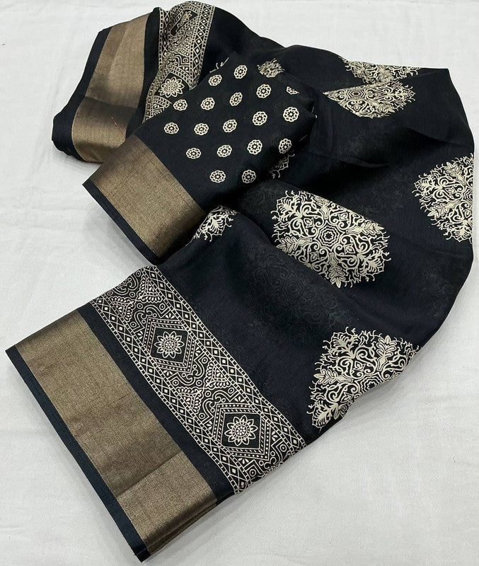 Black with White Coloured Soft Cotton Crape with Zari Woven Pattu Border & Batik Printed Women Party/Festival wear Cotton Crape Saree with Blouse!!