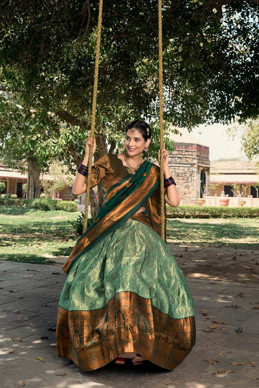 Green & Multi Coloured Jacquard Silk with Zari Weaving Work Women Ethnic Party wear Lehenga choli ( Half Saree) with Dupatta & Belt!!