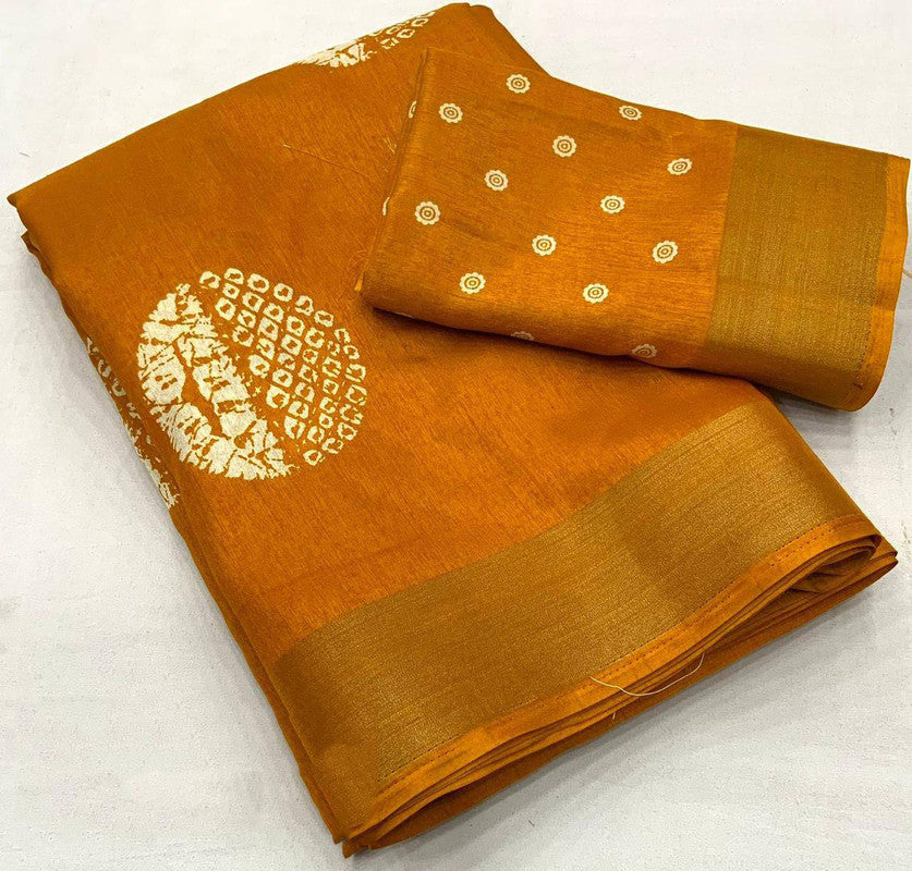 Mustard Yellow Coloured Soft Cotton Crape Batik Prints with Zari Pattu woven Border Women Ethnic/Party wear Cotton Saree with Blouse!!