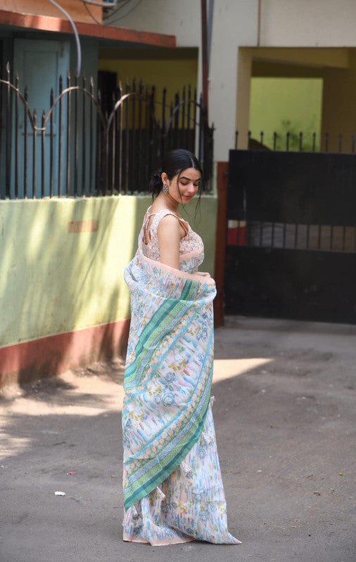 White & Multi Coloured Heavy Linen with Beautiful Digital Print Women Party/Casual wear Cotton Saree with Running Blouse!!