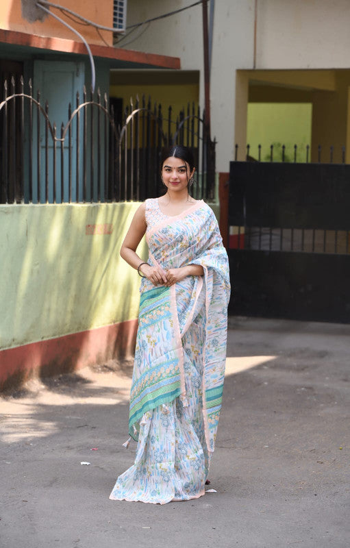 White & Multi Coloured Heavy Linen with Beautiful Digital Print Women Party/Casual wear Cotton Saree with Running Blouse!!