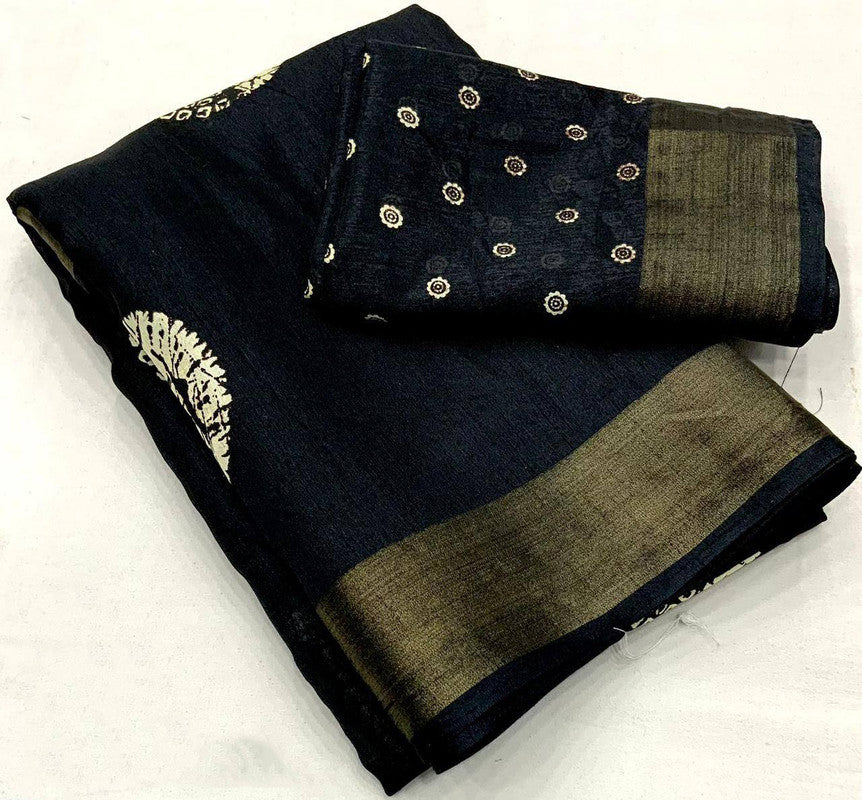 Black Coloured Soft Cotton Crape Batik Prints with Zari Pattu woven Border Women Ethnic/Party wear Cotton Saree with Blouse!!