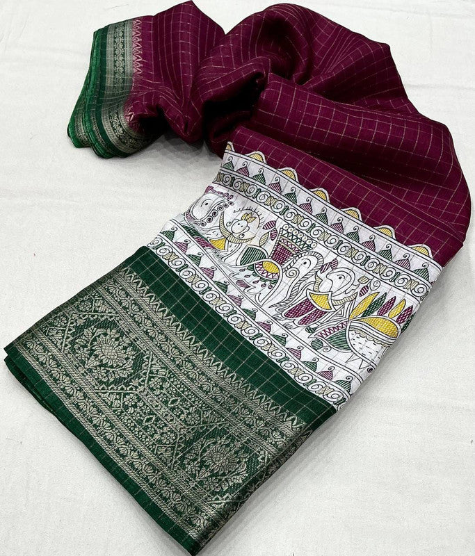 Wine Coloured Soft Cotton with Madhubani Chex & Jacquard Border Women Party/Festival wear Soft Cotton Saree with Kalamkari Print Blouse!!