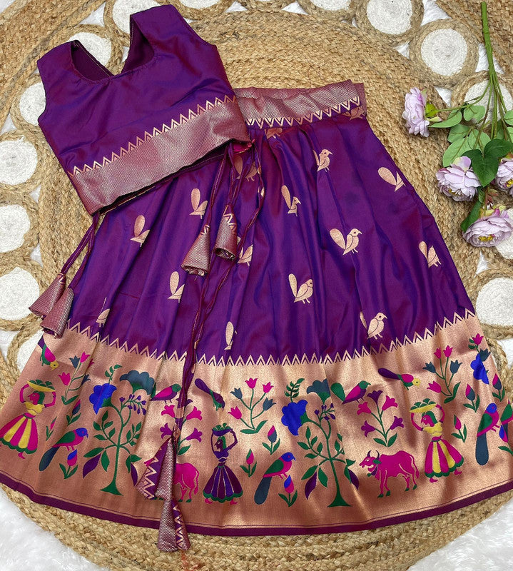 Purple Coloured Paithani Silk with Beautiful Zari Weaving Work with Full Inner Designer Girls Kids Designer Ethnic/Party wear Lehenga Choli!!