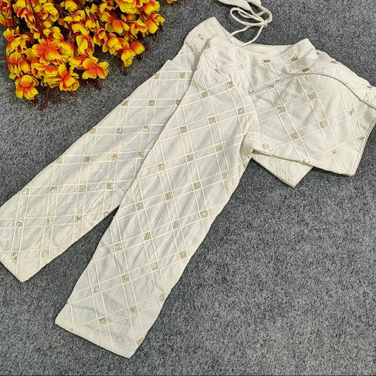 Off White Coloured Diable Camric Cotton with Thread Sequence & Embroidery Work Woman Designer Ethnic/Partywear Ready made Blouse - 38 Size Fits Up to 42 Inch!!