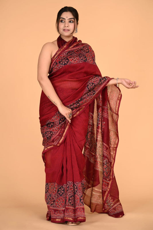 Maroon & Multi Coloured Chanderi Silk with Hand Block Printed Women Party/Traditional Wear Chanderi Silk Saree with Blouse!!