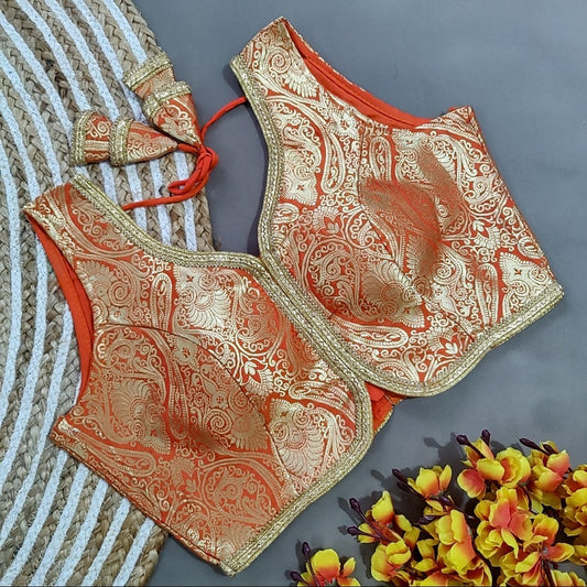 Orange Coloured Banarsi Silk with Lace Work and Latkan Woman Designer Ethnic/Partywear Ready made Festival Wear Blouse - 38 Size Fits Up to 42 Inch!!