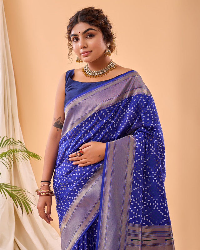 Blue & Multi Coloured Pure Heavy Bandhani weaving with Paithani pallu Women Ethnic/Party wear Silk Saree with Blouse!!