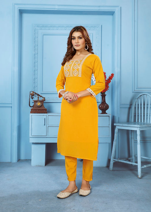 Mustard Yellow Coloured Rinkal Cotton with Embroidery Work Round Neck 3/4 sleeves Women Designer Party/ Casual wear Kurti with Pant!!