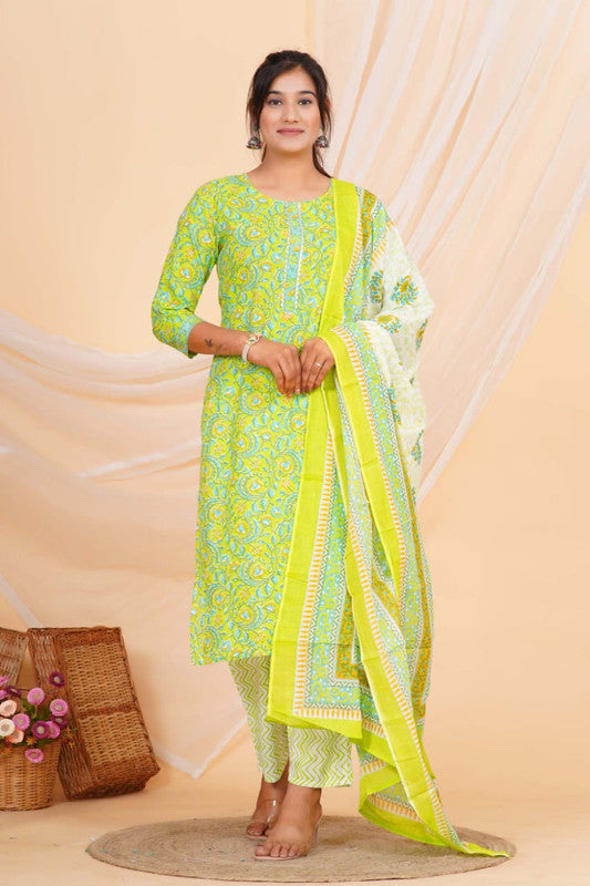 Paroot Green & Multi Coloured Pure Cotton with Beautiful Hand Print Woman Party/Casual wear Designer Stitched Suit with Salwar & Mul Cotton Dupatta!!