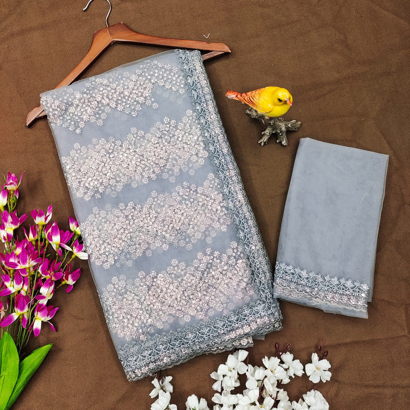 Light Grey Coloured Heavy Butterfly Net with Malti Threads & Sequence Embroidered Work Women Party wear Fancy Saree with Running Blouse!!