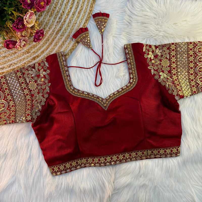 Maroon Coloured Pure Soft Italian Silk with Tricot Fuising & Codding Embroidery + Thread & Sequence Work Woman Designer Bridal Ready made Blouse - 40 Size Fits Up to 42 Inch!!