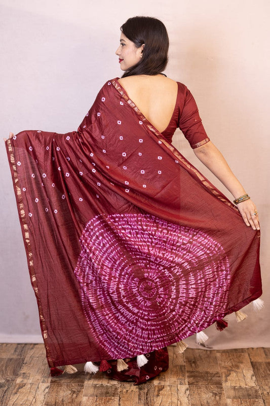 Maroon Coloured Chanderi Cotton with Bandhani Print & Big Tied Pallu Women Party/Festival wear Chanderi Cotton Saree with Aari Mirror Blouse!!