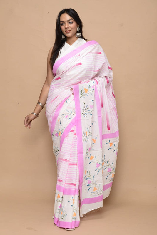 White & Multi Coloured Pure Cotton with Exclusive Hand Block Printed Women Party/Casual wear Cotton Saree with Blouse!!