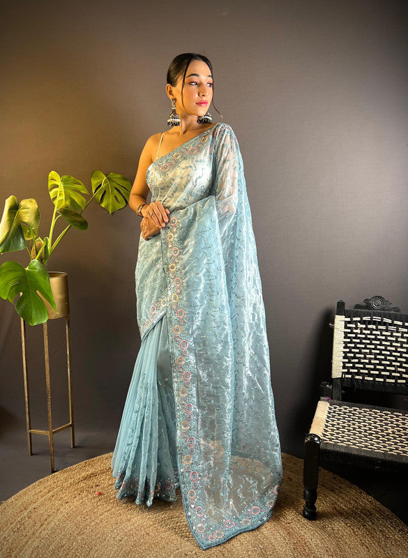 Sky Blue Coloured Twill Net with Thread & 3mm & 5mm Sequence Embroidery Work Women Fancy/Party Wear Saree with Blouse!!