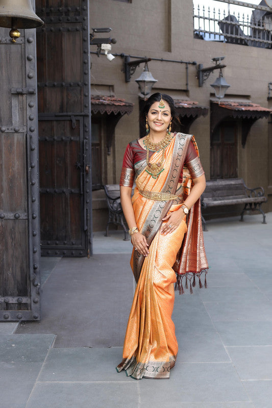 Orange & Maroon Coloured Pure Soft silk with Exclusive Zari border Women Party/Festival Wear Soft silk Saree with Blouse!!