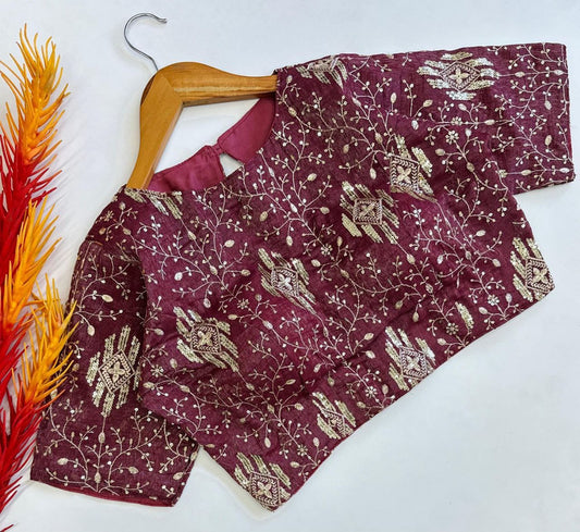 Wine Coloured Zari Silk with Heavy Embroidery & Sequence Work Woman Designer Bridal Ready made Blouse - 38 Size Fits Up to 42 Inch!!