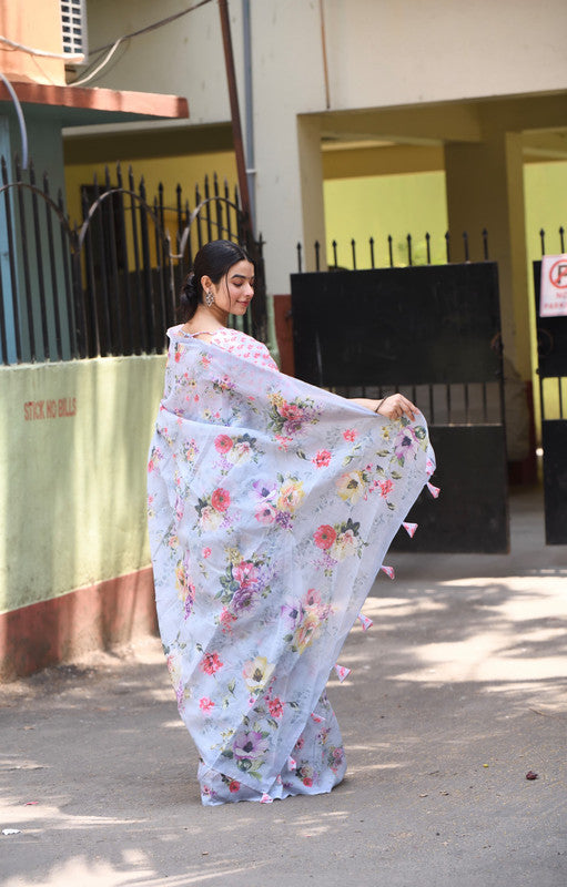 Onion Pink & Multi Coloured Heavy Linen with Beautiful Digital Print Women Party/Casual wear Cotton Saree with Running Blouse!!