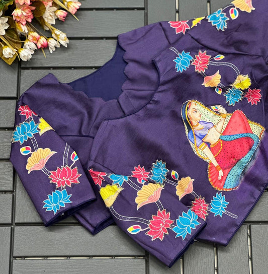 Purple & Multi Coloured Pure Silk with Hand work Woman Designer Ethnic/Partywear Boutique Style Ready made Blouse - 38 Size Fits Up to 42 Inch!!