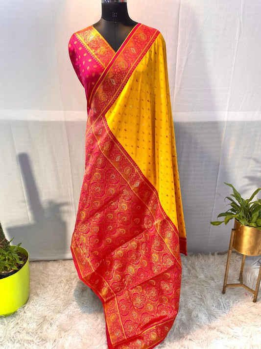 Yellow with Rani Pink & Red Coloured Soft Paithani silk with Weaving Border & Rich Pallu Women Festival/ Party wear Silk Saree with Blouse!!