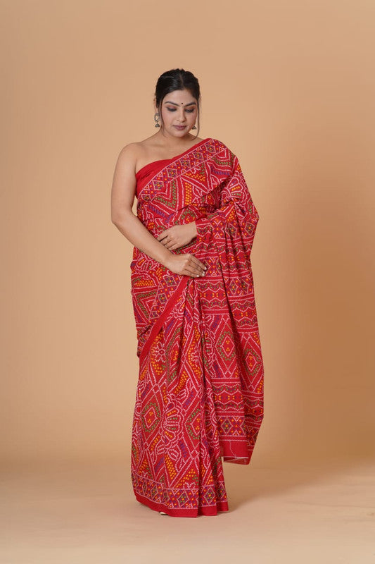 Red & Multi Coloured Pure Mul Cotton with Beautiful Hand Print Women Party/Casual wear Mul Cotton Saree with Runing Blouse!!