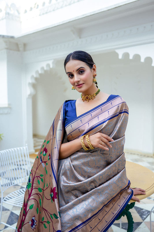 Grey & Multi Coloured Soft Kanjivaram Silk with Rich Paithani Pallu Women Ethnic/Festival wear Soft Silk Saree with Contrast Blouse!!