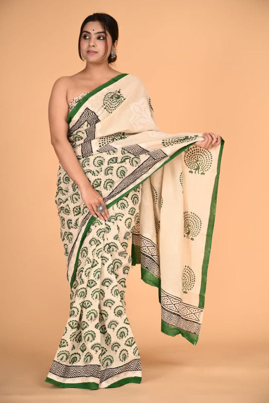 Green with Beige Coloured Pure Cotton with Beautiful Applique Hand Cut Work Women Party/Casual wear Hand Block Printed Cotton Saree with Blouse!!