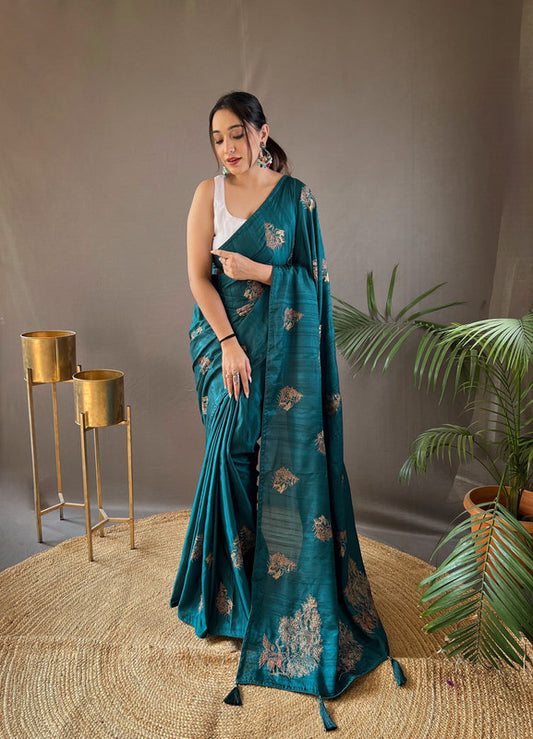 Rama Blue Coloured Soft Silk with Zari, Embroidery and Piping Work Women Ethnic/Party wear Silk Saree with Running Butti Blouse!!