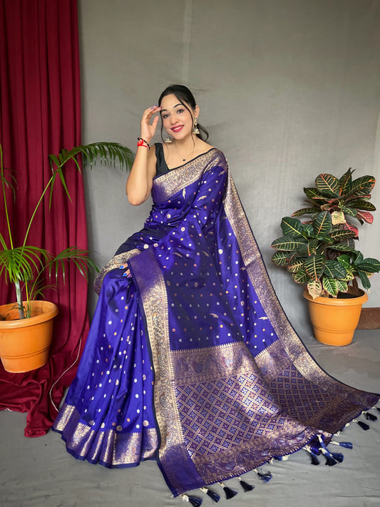 Blue & Multi Coloured with Copper & Golden Zari & Beautiful Motifs, Rich Pallu Women Designer Soft Silk Saree with Blouse!!