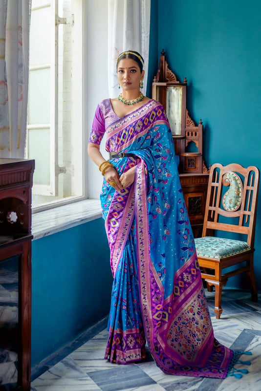 Rama Blue with Pink & Multi Coloured Banarasi Silk Paithani Patola Meenakari Work Women Ethnic wear Soft Silk Saree with Contrast Brocade Blouse!!