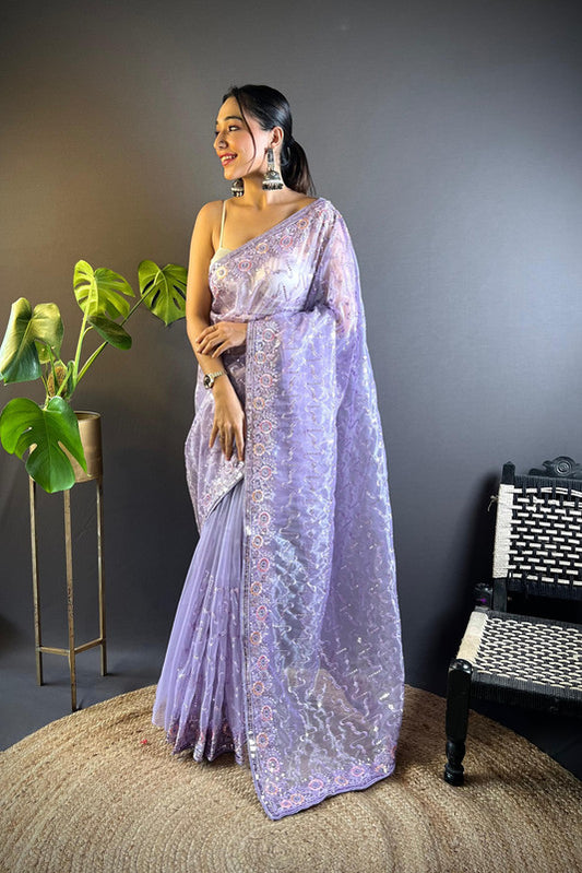 Light Purple Coloured Twill Net with Thread & 3mm & 5mm Sequence Embroidery Work Women Fancy/Party Wear Saree with Blouse!!