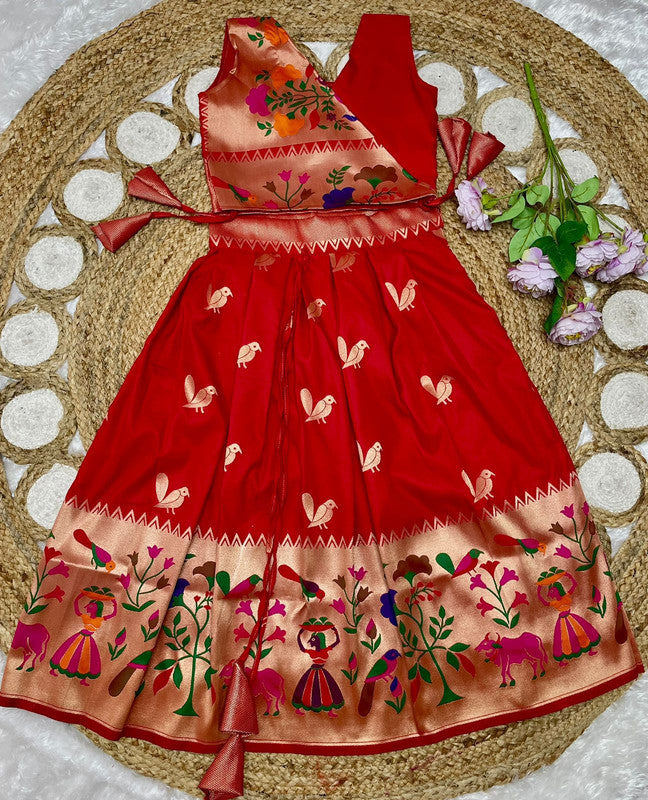 Red Coloured Paithani Silk with Beautiful Zari Weaving Work with Full Inner Designer Girls Kids Designer Ethnic/Party wear Lehenga Choli!!