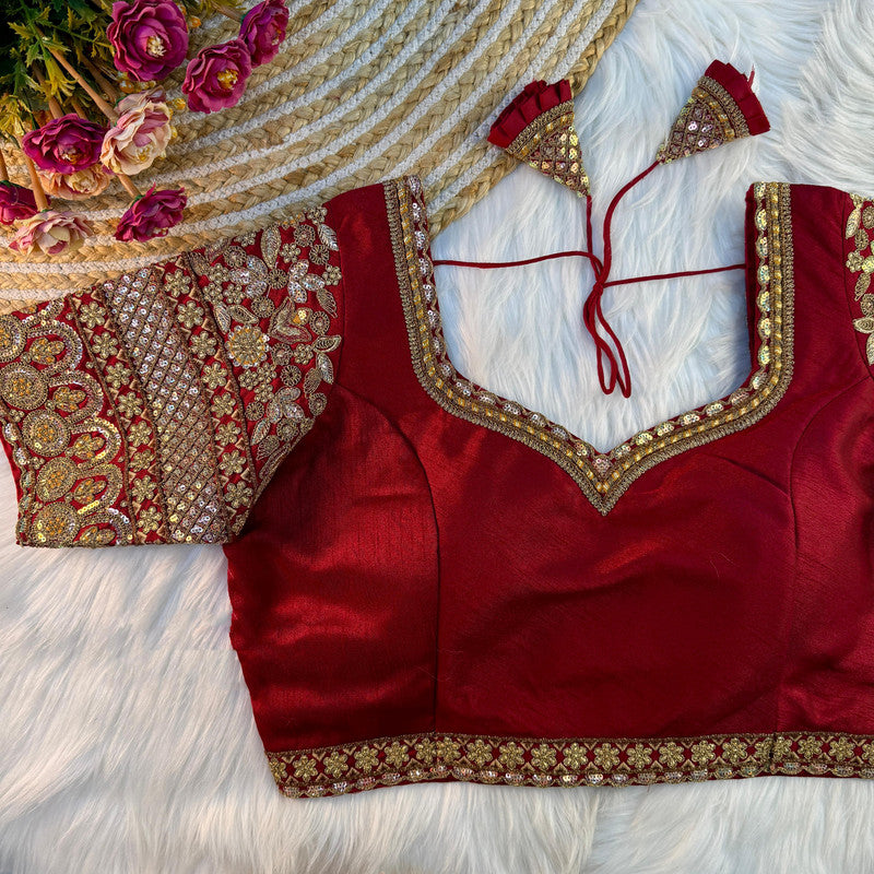 Maroon Coloured Pure Soft Italian Silk with Tricot Fuising & Codding Embroidery + Thread & Sequence Work Woman Designer Bridal Ready made Blouse - 40 Size Fits Up to 42 Inch!!