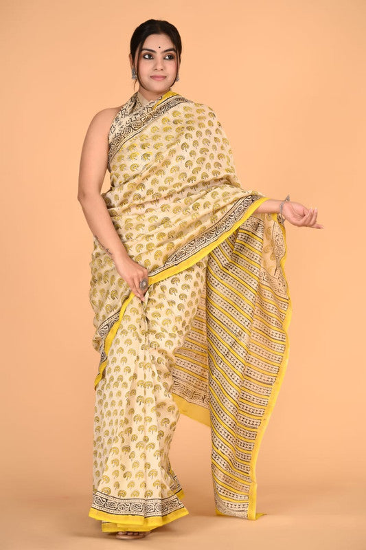 Mustard Yellow & Multi Coloured Chanderi Silk with Hand Block Printed Women Party/Traditional Wear Chanderi Silk Saree with Blouse!!