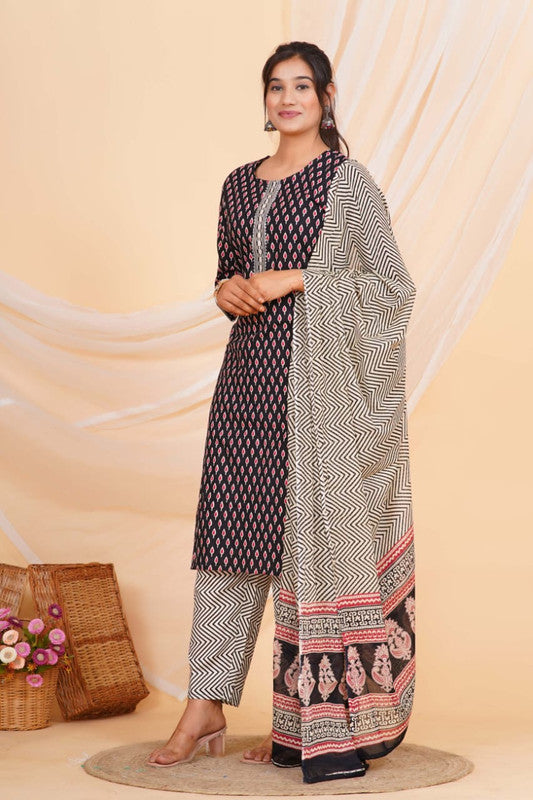 Navy Blue & Multi Coloured Pure Cotton with Beautiful Hand Print Woman Party/Casual wear Designer Stitched Suit with Salwar & Mul Cotton Dupatta!!