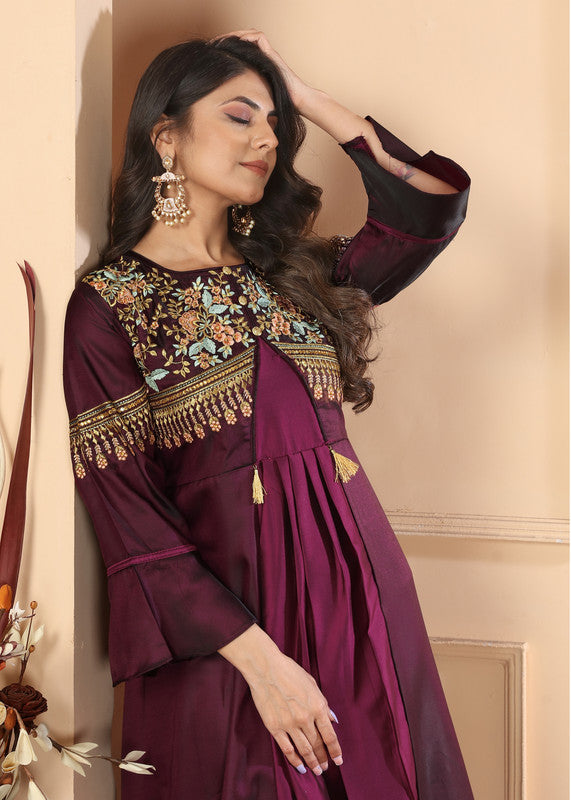 Wine Coloured Triva Silk with Heavy Embroidery Work Mandarin Neck Full Sleeves Women Designer Party/Casual wear Long Kurta!!