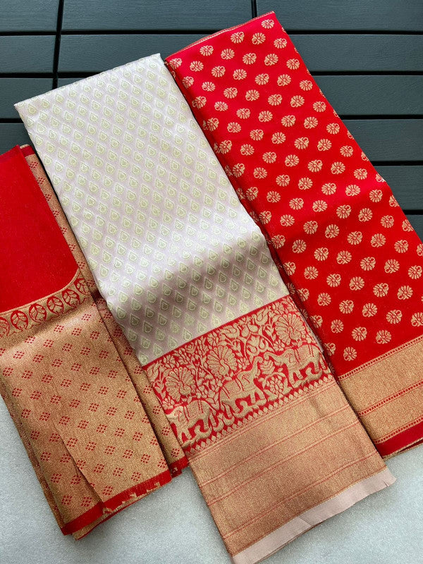 White & Red Coloured Kanjivaram Pattu Silk with Zari Women Ethnic Party wear Lehenga choli ( Half Saree) & Banarasi Silk Dupatta!!