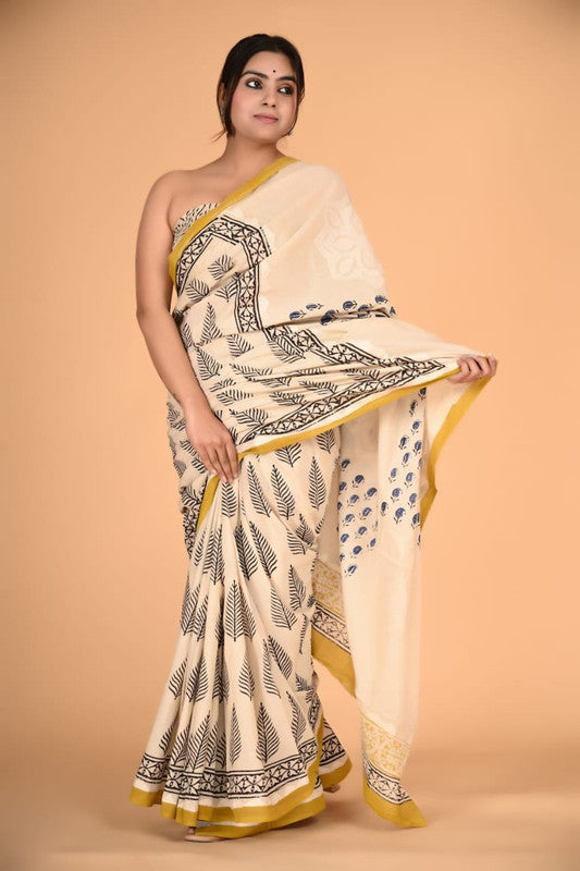 Black with Beige Coloured Pure Cotton with Beautiful Applique Hand Cut Work Women Party/Casual wear Hand Block Printed Cotton Saree with Blouse!!