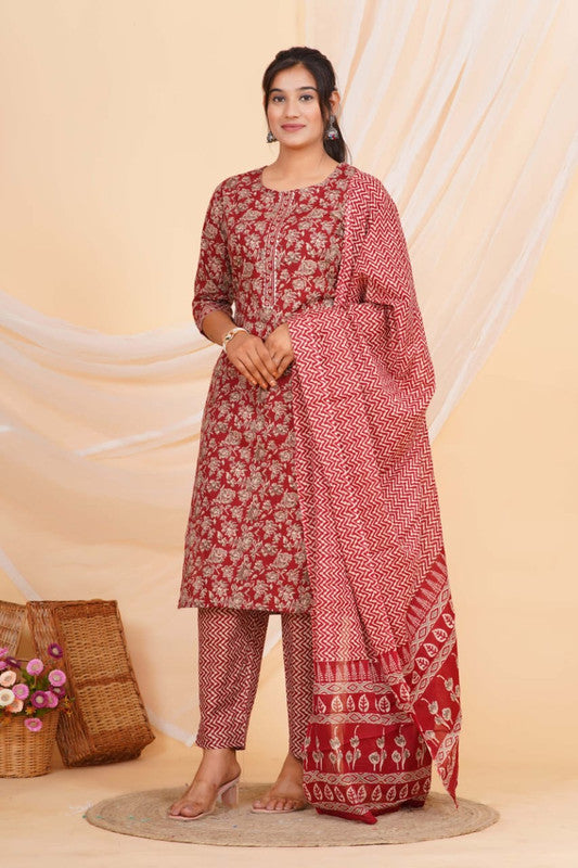 Maroon & Multi Coloured Pure Cotton with Beautiful Hand Print Woman Party/Casual wear Designer Stitched Suit with Salwar & Mul Cotton Dupatta!!