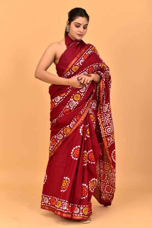 Maroon & Multi Coloured Pure Cotton with Jari Border & Print Women Party/Casual wear Cotton Saree with Runing Blouse!!