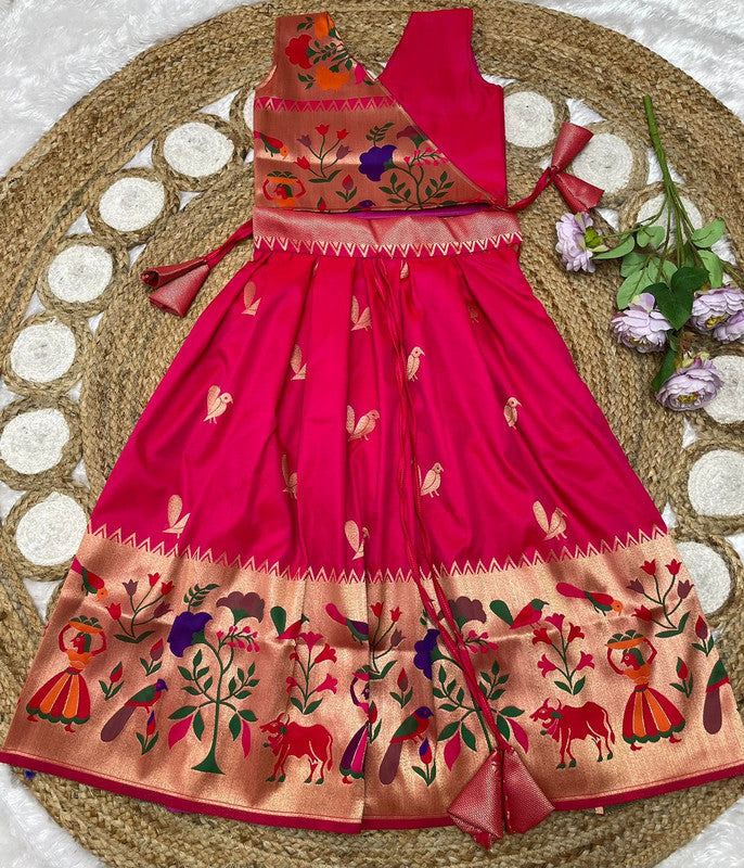 Dark Pink Coloured Paithani Silk with Beautiful Zari Weaving Work with Full Inner Designer Girls Kids Designer Ethnic/Party wear Lehenga Choli!!