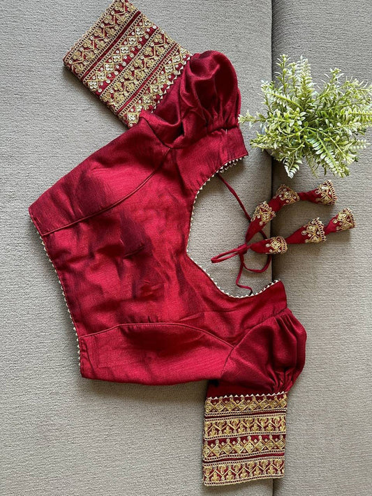 Maroon Coloured Vichitra Silk Coding, Embroidery & Sequence Work Woman Designer Partywear Ready made Puff Blouse - 38 Size Fits Up to 42 Inch!!