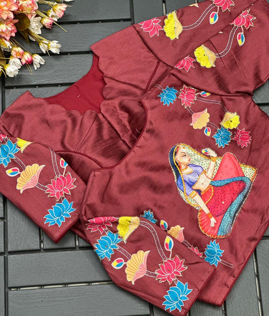 Brick Red & Multi Coloured Pure Silk with Hand work Woman Designer Ethnic/Partywear Boutique Style Ready made Blouse - 38 Size Fits Up to 42 Inch!!