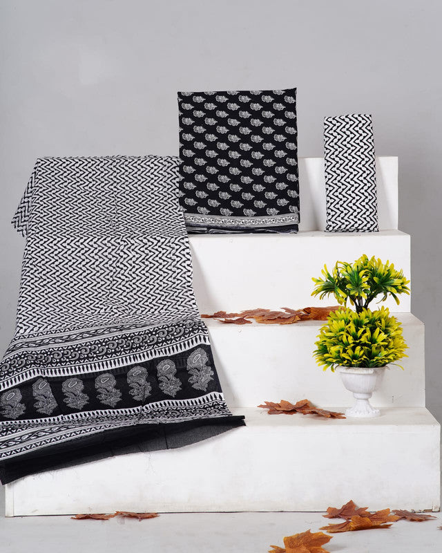 Black & White Coloured Pure Cotton with Hand block Printed Women Party/Casual wear Dress Material Suit- Top with Bottom & Mul Cotton Dupatta!!