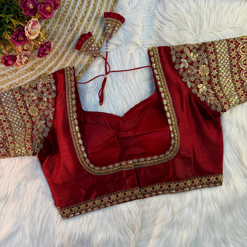 Maroon Coloured Pure Soft Italian Silk with Tricot Fuising & Codding Embroidery + Thread & Sequence Work Woman Designer Bridal Ready made Blouse - 40 Size Fits Up to 42 Inch!!