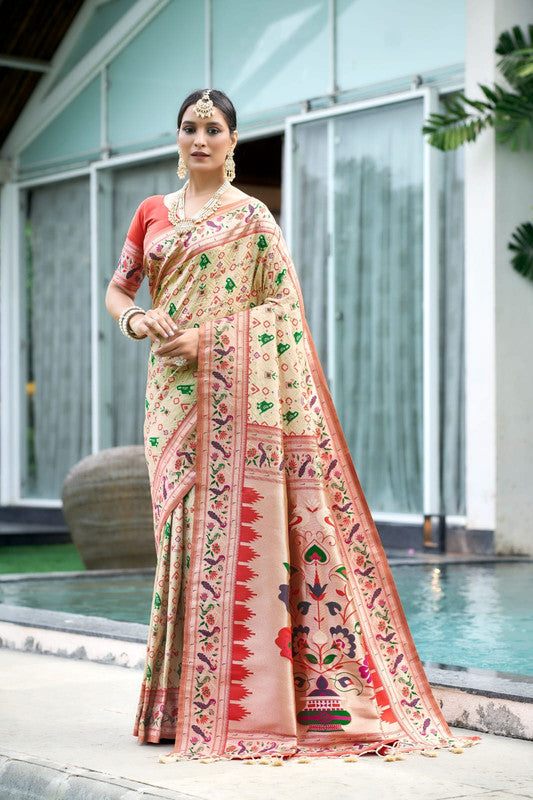 Cream & Multi Coloured Meena & Zari weaves with Paithani work Women Ethnic wear Banarasi Soft Silk Patola Saree with Contrast Brocade Blouse!!