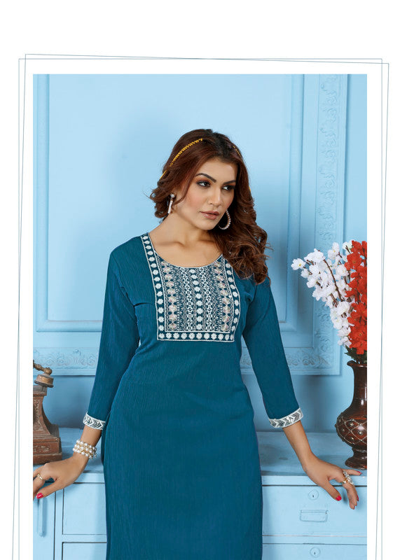 Rama Blue Coloured Rinkal Cotton with Embroidery Work Round Neck 3/4 sleeves Women Designer Party/ Casual wear Kurti with Pant!!